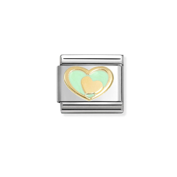 Nomination Composable Classic LOVE 2 PASTEL GREEN HEART in Stainless Steel, Enamel and Bonded Yellow Gold