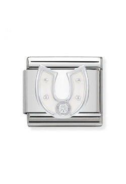 Nomination Composable Classic Link SYMBOLS White Horseshoe in Stainless Steel, Enamel, Cubic Zirconia & 925 Silver