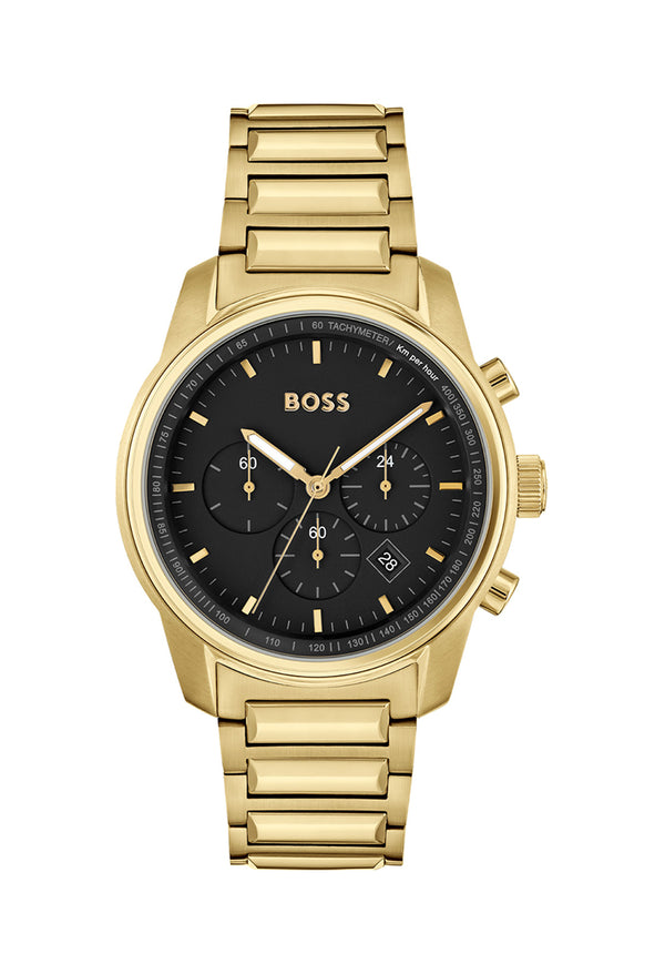 Gents BOSS Trace Black Chronograph Dial Bracelet Watch Gold Plated *