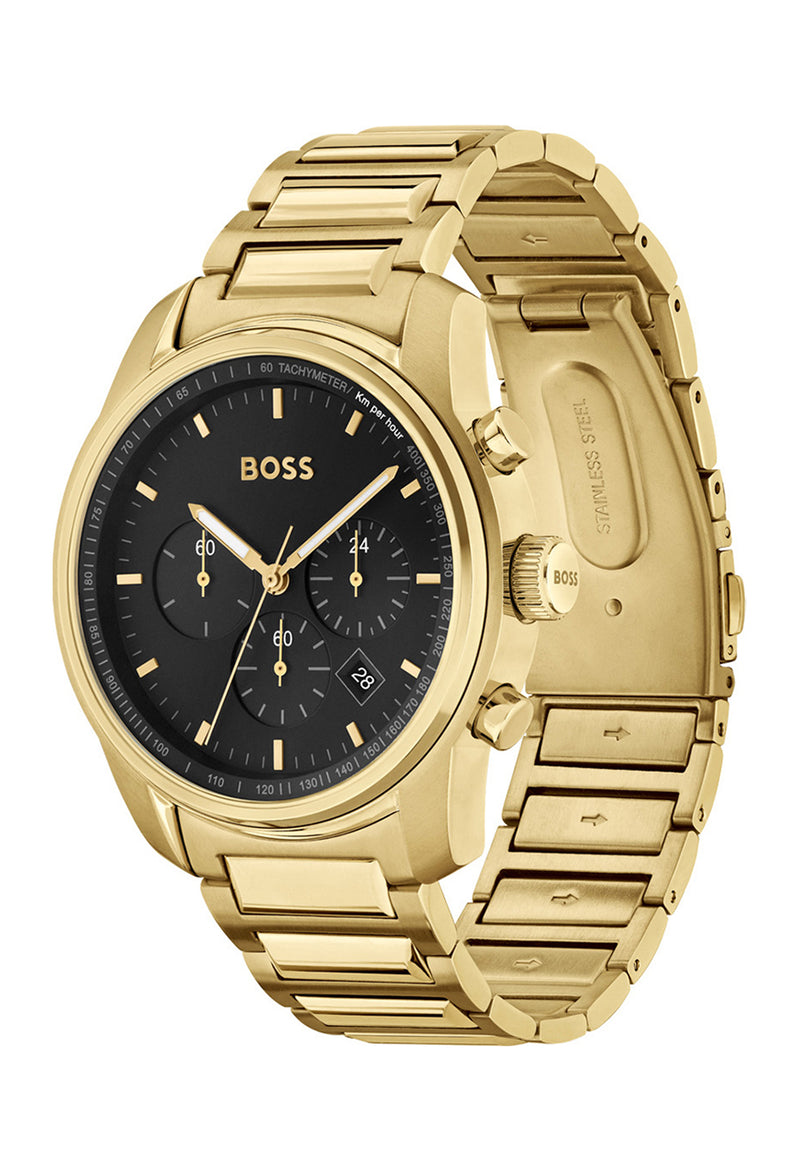 Gents BOSS Trace Black Chronograph Dial Bracelet Watch Gold Plated *