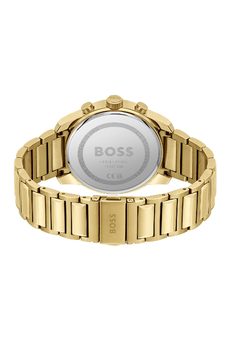 Gents BOSS Trace Black Chronograph Dial Bracelet Watch Gold Plated *