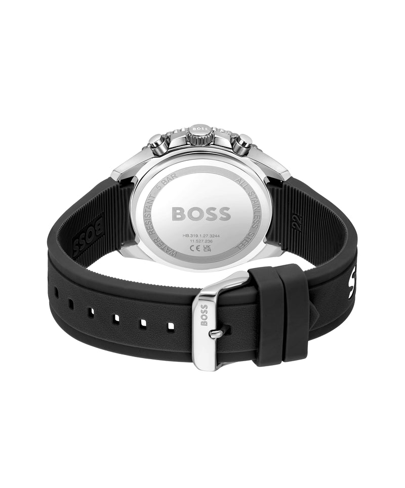 BOSS Mens Runner Black Chronograph Dial Rubber Strap Watch Stainless Steel