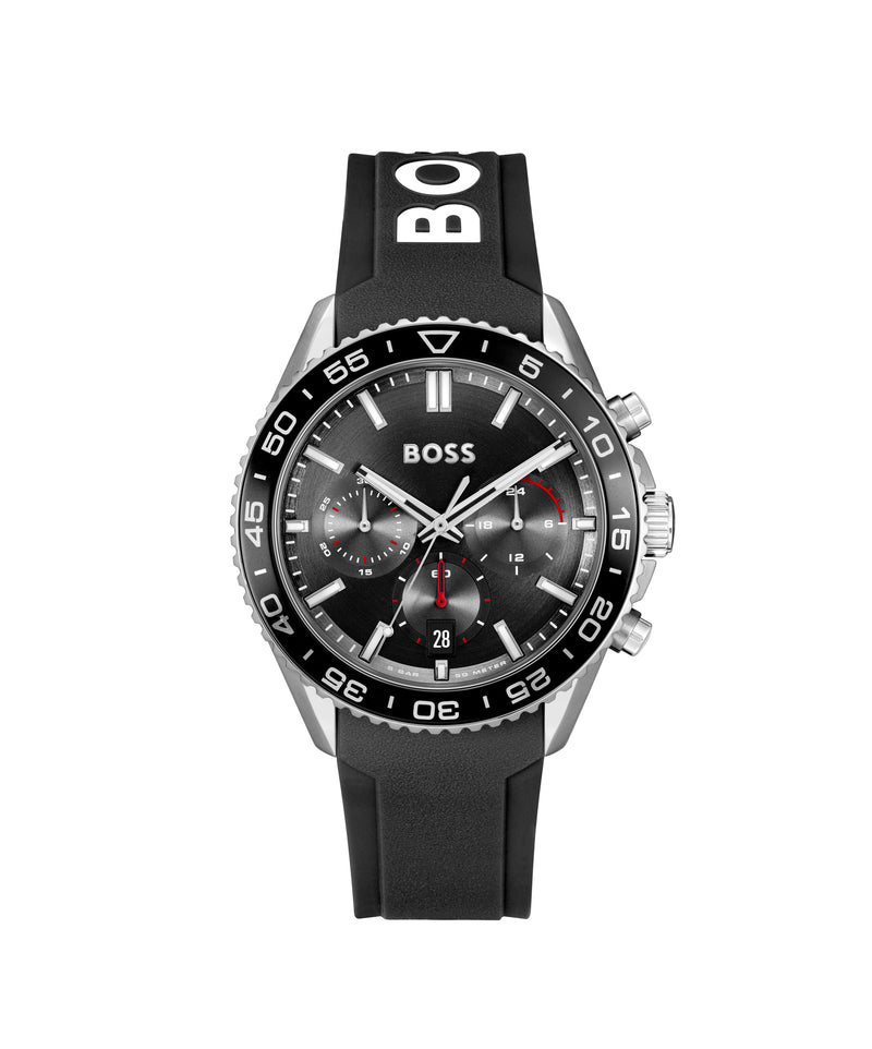 BOSS Mens Runner Black Chronograph Dial Rubber Strap Watch Stainless Steel