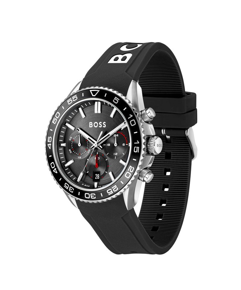 BOSS Mens Runner Black Chronograph Dial Rubber Strap Watch Stainless Steel