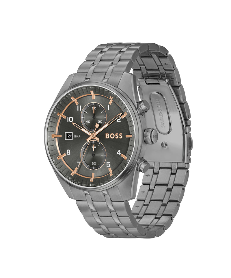 BOSS Mens Skytraveller Grey Dial Bracelet Watch Grey IP