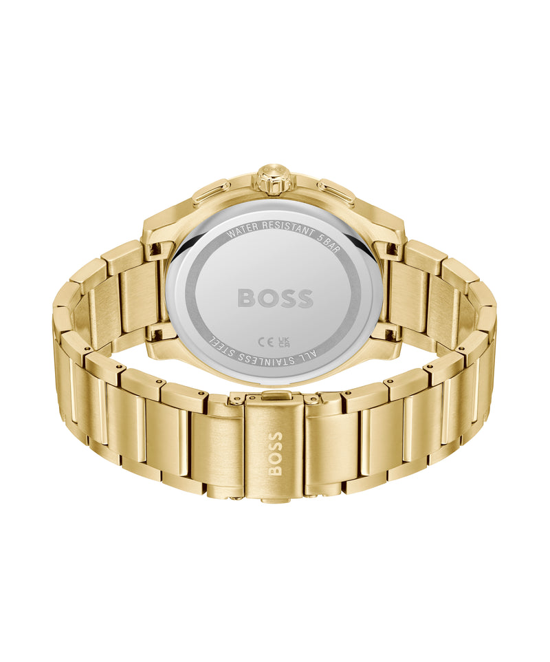 BOSS Mens Peak 2.0 Green Chronograph Dial Bracelet Watch Gold Plated