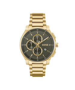 BOSS Mens Peak 2.0 Green Chronograph Dial Bracelet Watch Gold Plated