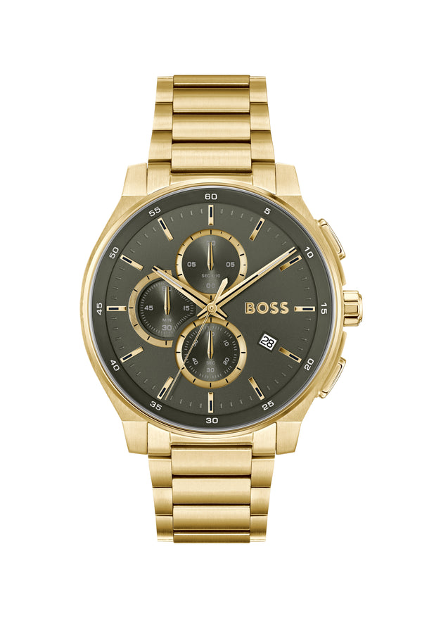 BOSS Mens Peak 2.0 Green Chronograph Dial Bracelet Watch Gold Plated