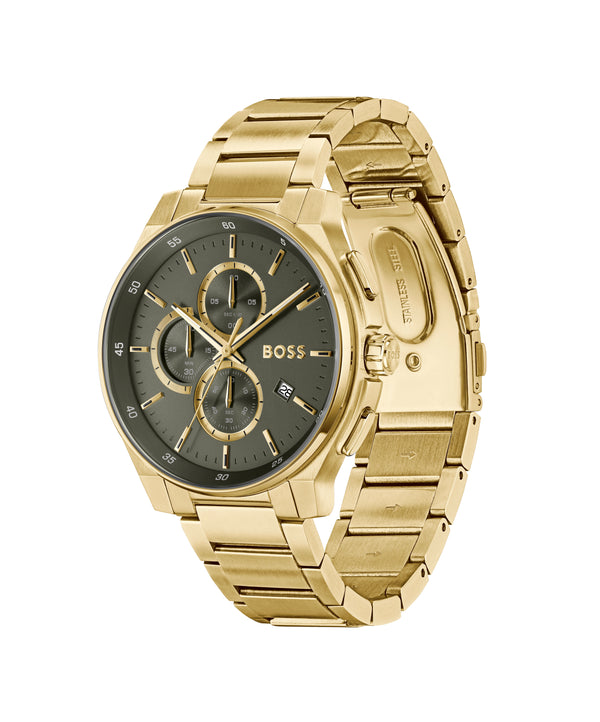 BOSS Mens Peak 2.0 Green Chronograph Dial Bracelet Watch Gold Plated