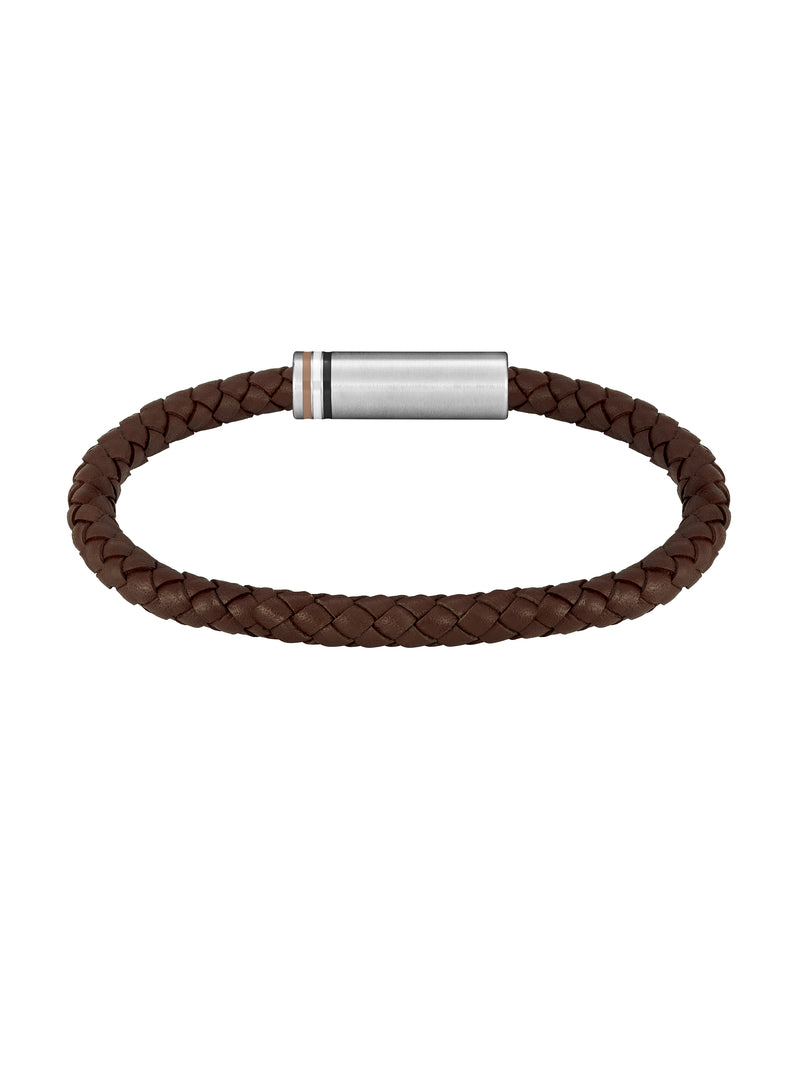 BOSS Mens Ares Brown Braided Leather Bracelet Stainless Steel