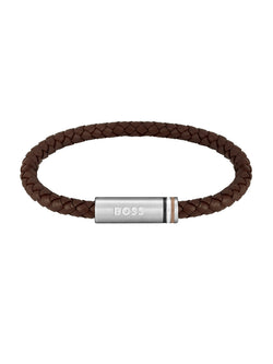 BOSS Mens Ares Brown Braided Leather Bracelet Stainless Steel