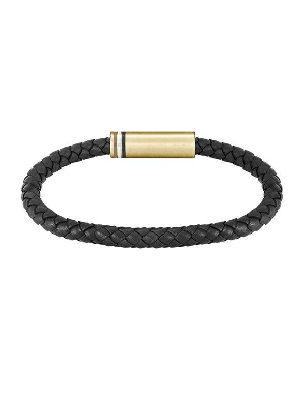 BOSS Mens Ares Black Braided Leather Bracelet Gold Plated