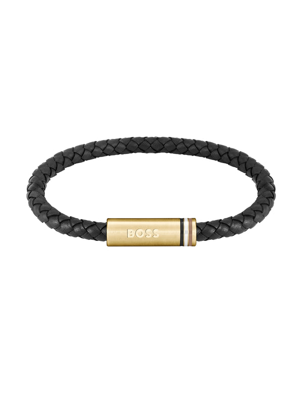 BOSS Mens Ares Black Braided Leather Bracelet Gold Plated