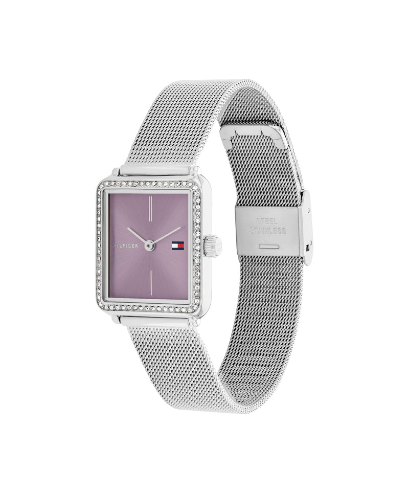 Tommy Hilfiger Ladies Tea Purple Dial Crystal Case Mesh Bracelet Watch Stainless Steel