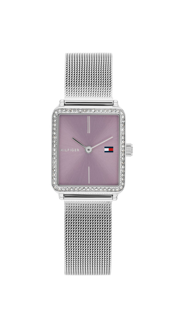 Tommy Hilfiger Ladies Tea Purple Dial Crystal Case Mesh Bracelet Watch Stainless Steel