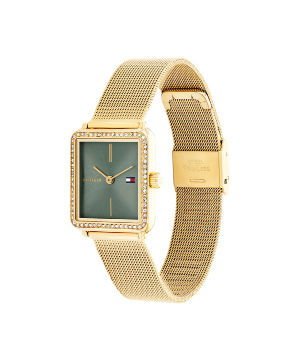 Tommy Hilfiger Ladies Tea Green Dial Crystal Case Mesh Bracelet Watch Gold Plated