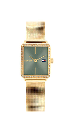 Tommy Hilfiger Ladies Tea Green Dial Crystal Case Mesh Bracelet Watch Gold Plated