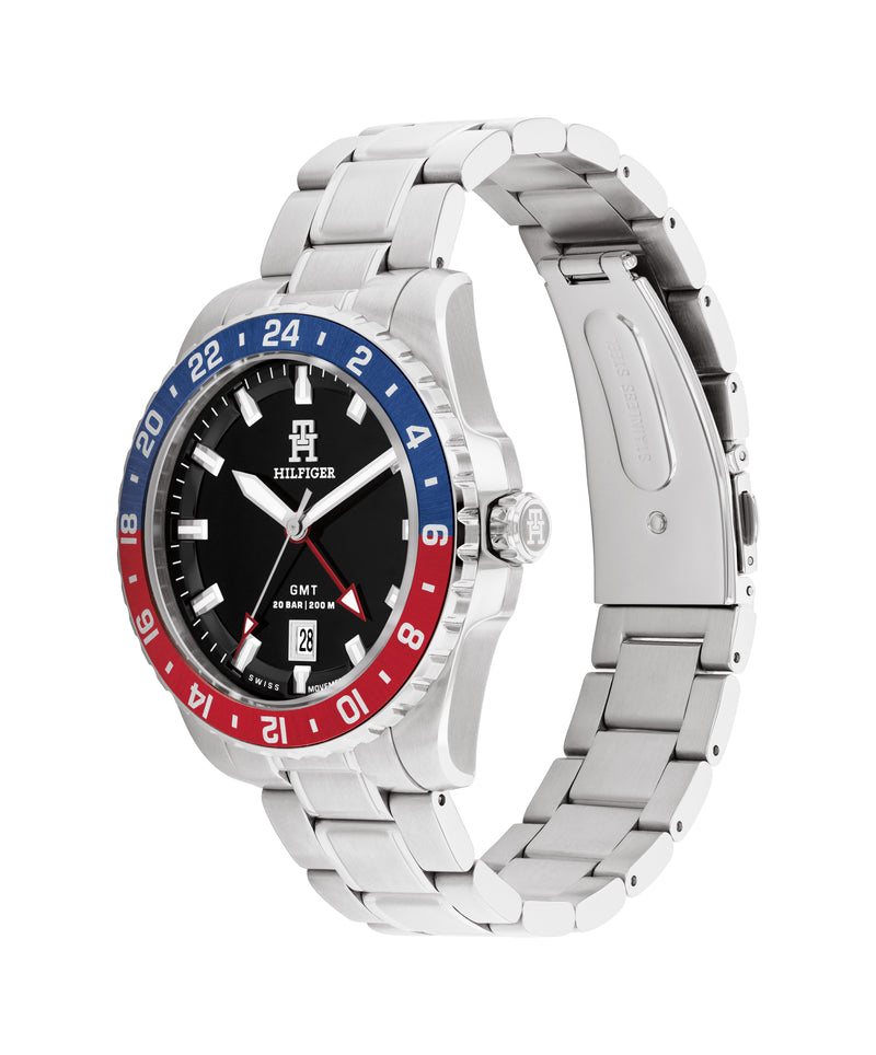 Tommy Hilfiger Mens TH85 Black Dial Pepsi Bezel Stainless Steel Bracelet Watch