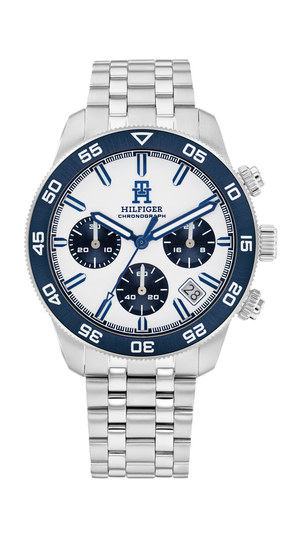 Tommy Hilfiger Mens TH85 White & Blue Chronograph Dial Bracelet Watch Stainless Steel