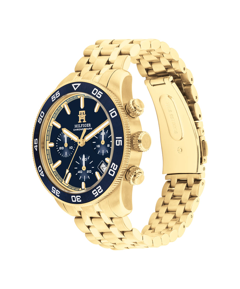 Tommy Hilfiger Mens TH85 Blue Chronograph Dial Bracelet Watch Gold Plated Stainless Steel