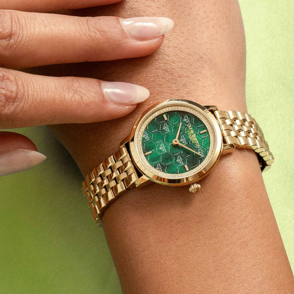 Ladies Olivia Burton Honeycomb Ultra Forest Green Dial Bracelet Watch Gold Plated