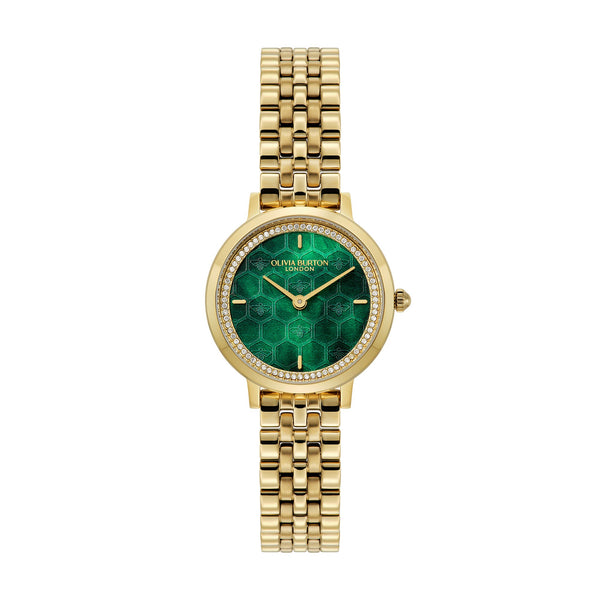 Ladies Olivia Burton Honeycomb Ultra Forest Green Dial Bracelet Watch Gold Plated