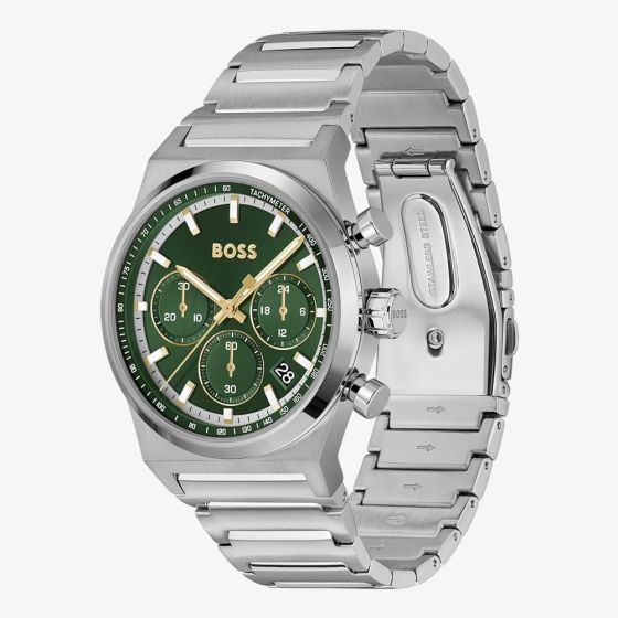 BOSS Mens Candor Chronograph Green Dial Bracelet Watch Stainless Steel