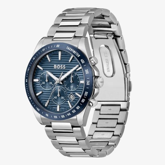 BOSS Mens Strike Chronograph Blue Lined Dial Bracelet Watch Stainless Steel