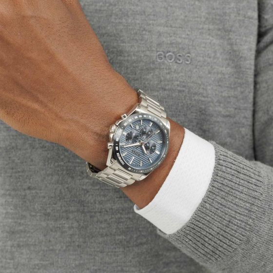 BOSS Mens Strike Chronograph Blue Lined Dial Bracelet Watch Stainless Steel