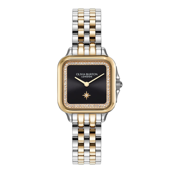 Women's Olivia Burton Grosvenor Square Black Crystal Dial Bracelet Stainless Steel Gold Plated Watch