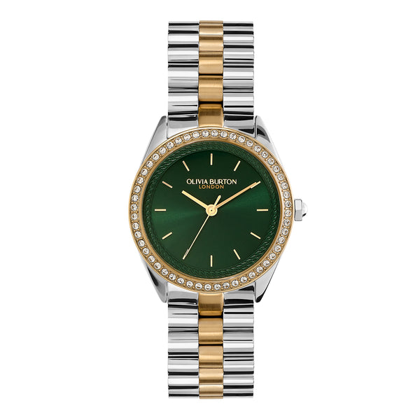 Olivia Burton Ladies Green Dial Crystal Bejewelled Bracelet Watch Stainless Steel & Gold Plated