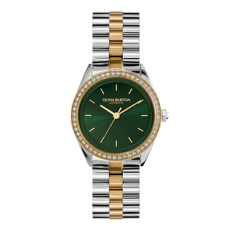 Olivia Burton Ladies Green Dial Crystal Bejewelled Bracelet Watch Stainless Steel & Gold Plated