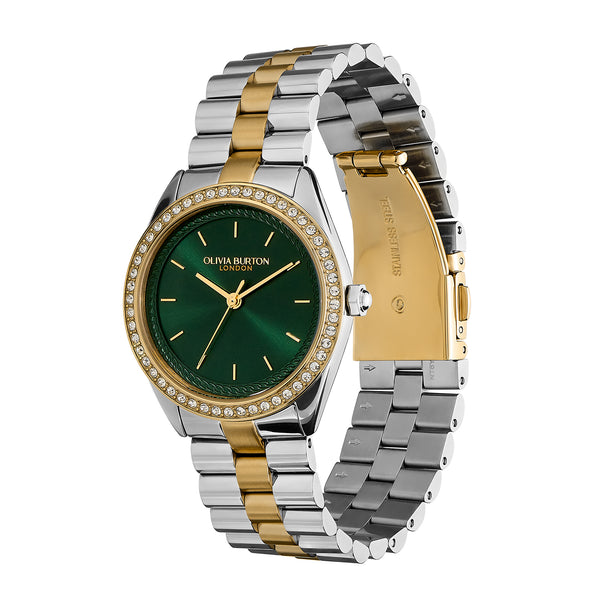 Olivia Burton Ladies Green Dial Crystal Bejewelled Bracelet Watch Stainless Steel & Gold Plated