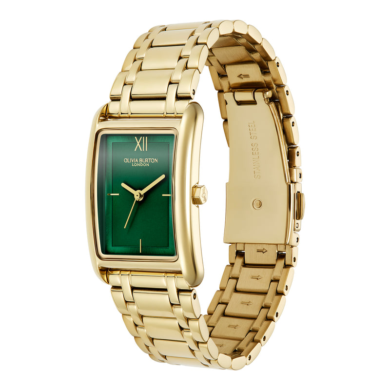 Olivia Burton Ladies Classics Grove Green Tank Dial Bracelet Watch Gold Plated