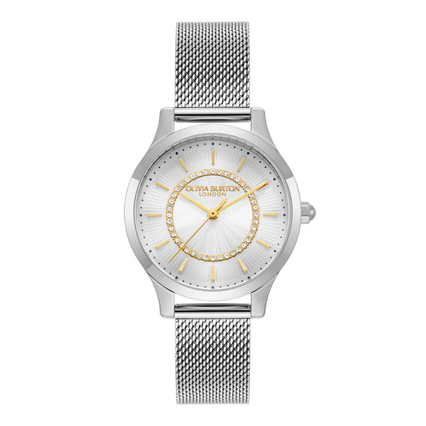 Olivia Burton Ladies Signature Silver Sunburst Dial Mesh Bracelet Watch Stainless Steel