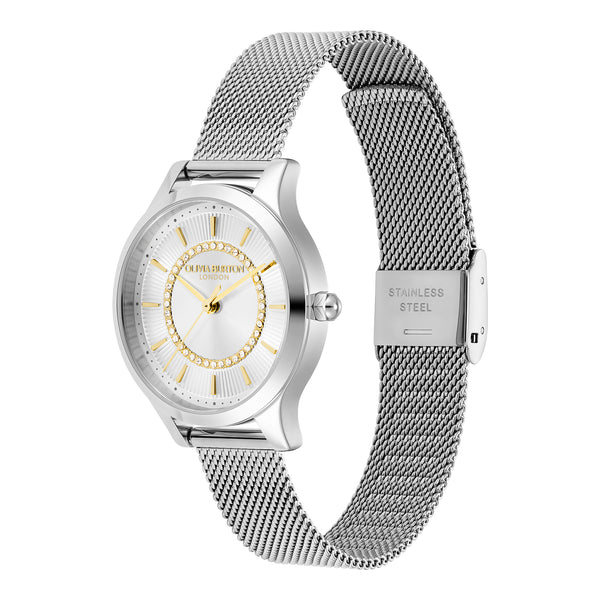 Olivia Burton Ladies Signature Silver Sunburst Dial Mesh Bracelet Watch Stainless Steel