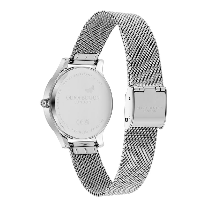 Olivia Burton Ladies Signature Silver Sunburst Dial Mesh Bracelet Watch Stainless Steel