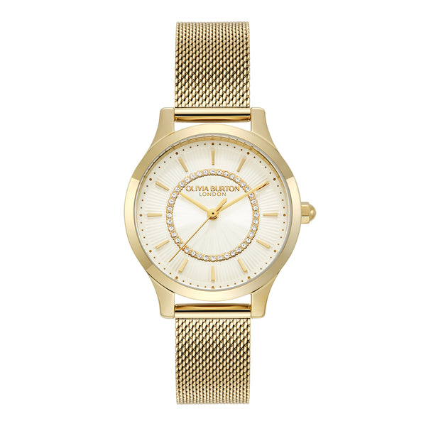 Olivia Burton Ladies Signature Ivory Sunburst Dial Mesh Bracelet Watch Gold Plated