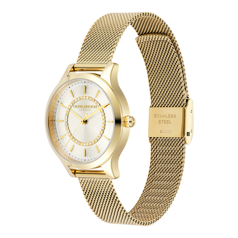 Olivia Burton Ladies Signature Ivory Sunburst Dial Mesh Bracelet Watch Gold Plated