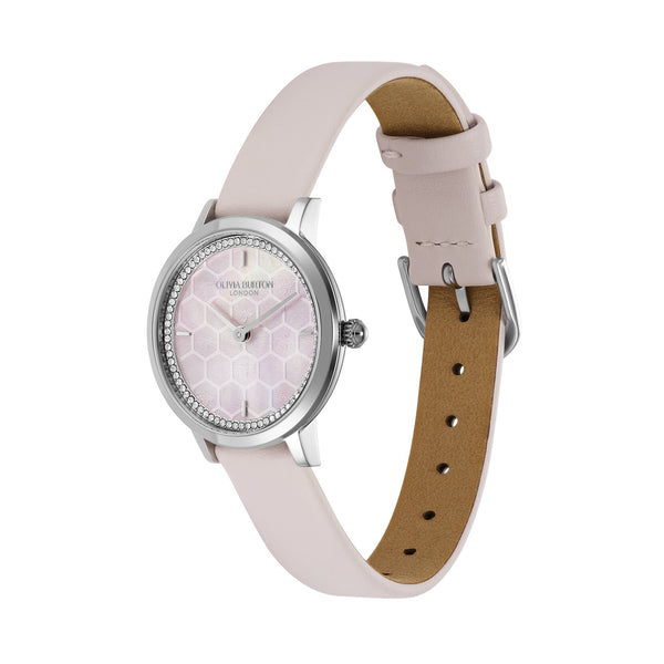 Ladies Olivia Burton Honeycomb Ultra Slim Pink Dial Strap Watch Stainless Steel