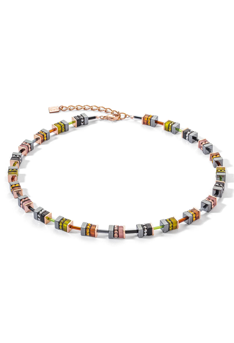 Coeur De Lion Geocube Olive Brown Black Necklace Rose Gold Plated