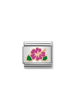 Nomination Composable Classic Link SYMBOLS FUCHSIA HIBISCUS in Steel, Enamel & Gold 375