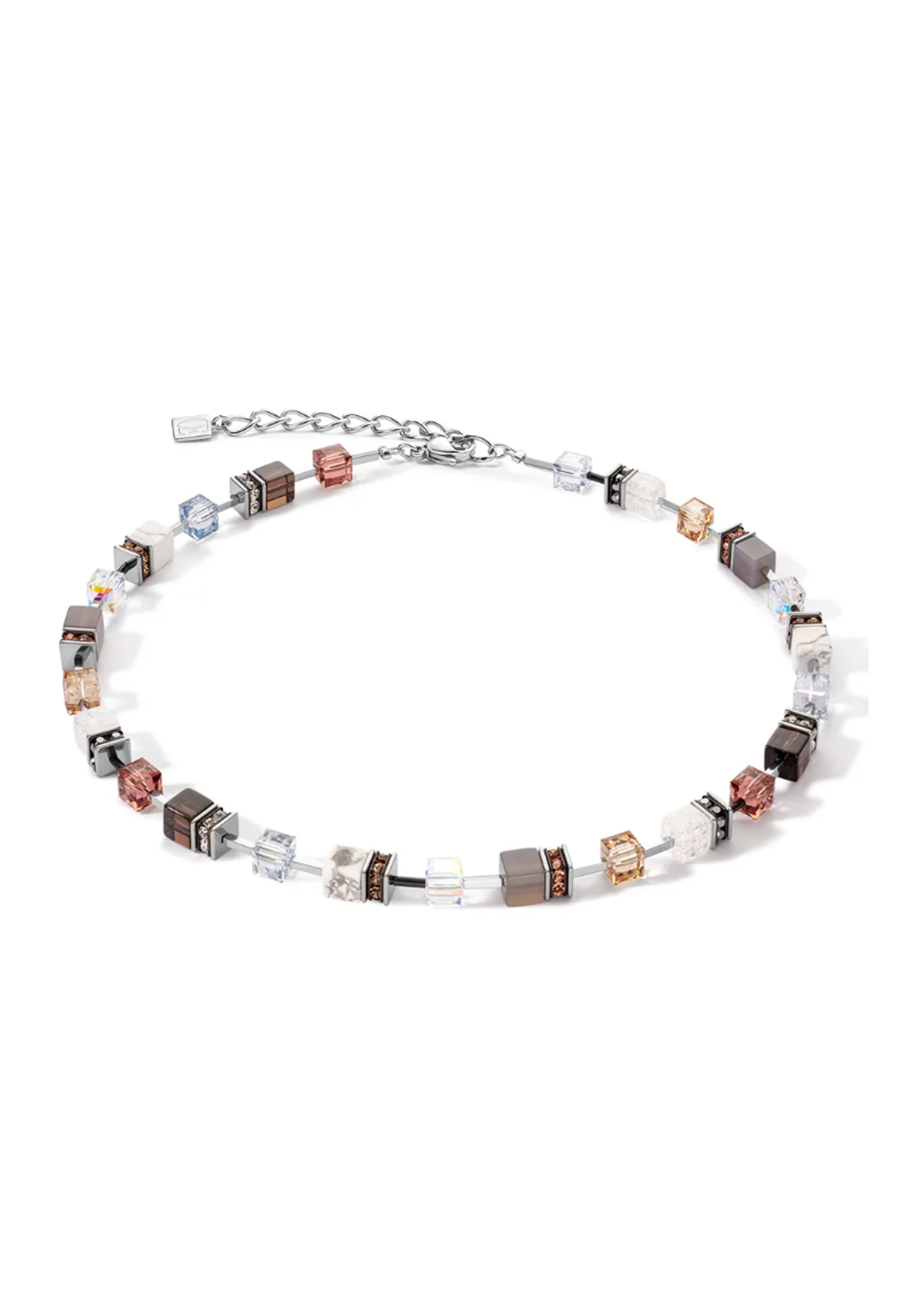 Coeur De Lion Geocube Agate, Rock Crystal,Quartz, Howlite Necklace Stainless Steel *