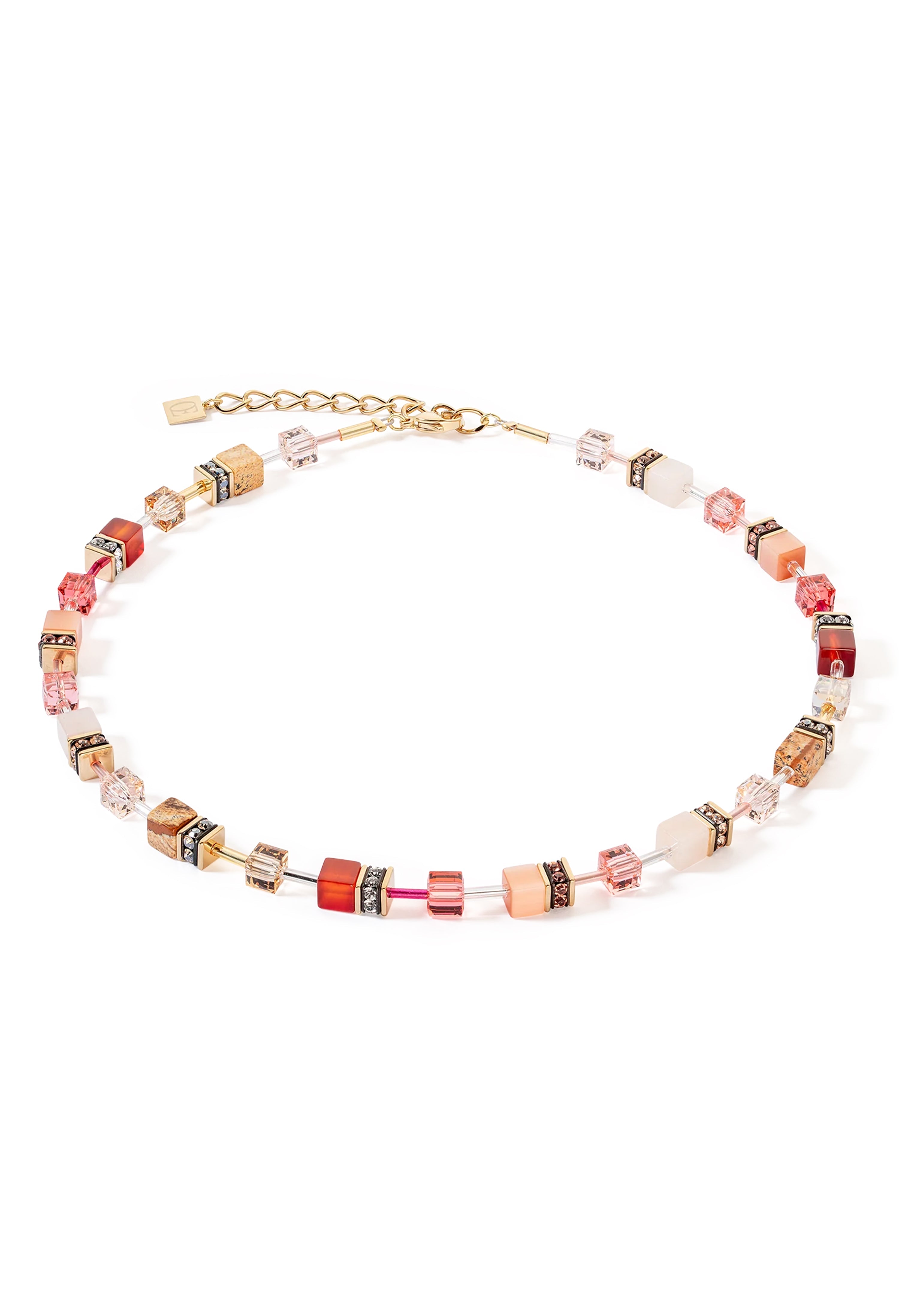 Coeur De Lion GeoCube Cornelian, Pink Aventurine & Jasper Necklace Gold Plated