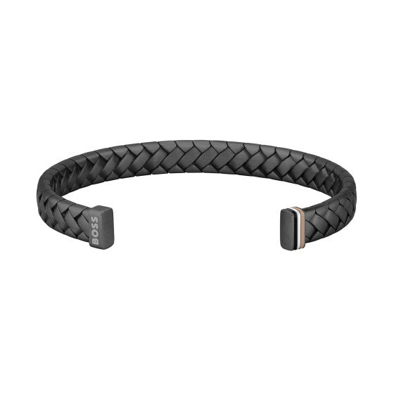 BOSS Mens Tailored Plaited Bangle in Black IP Stainless Steel