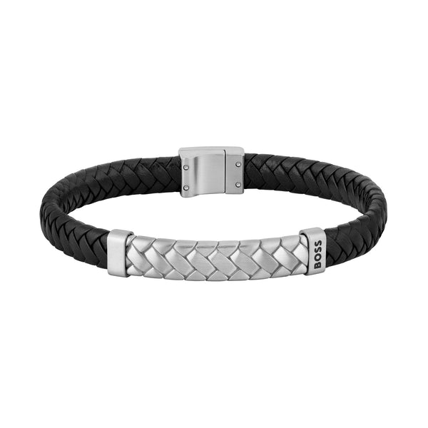 BOSS MensTailored Braided Bracelet Black Leather and Stainless Steel