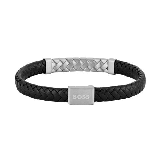 BOSS MensTailored Braided Bracelet Black Leather and Stainless Steel