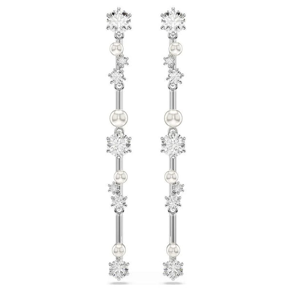 Swarovski Constella Pearl and Round Cut Crystal Drop Earrings Rhodium Plated