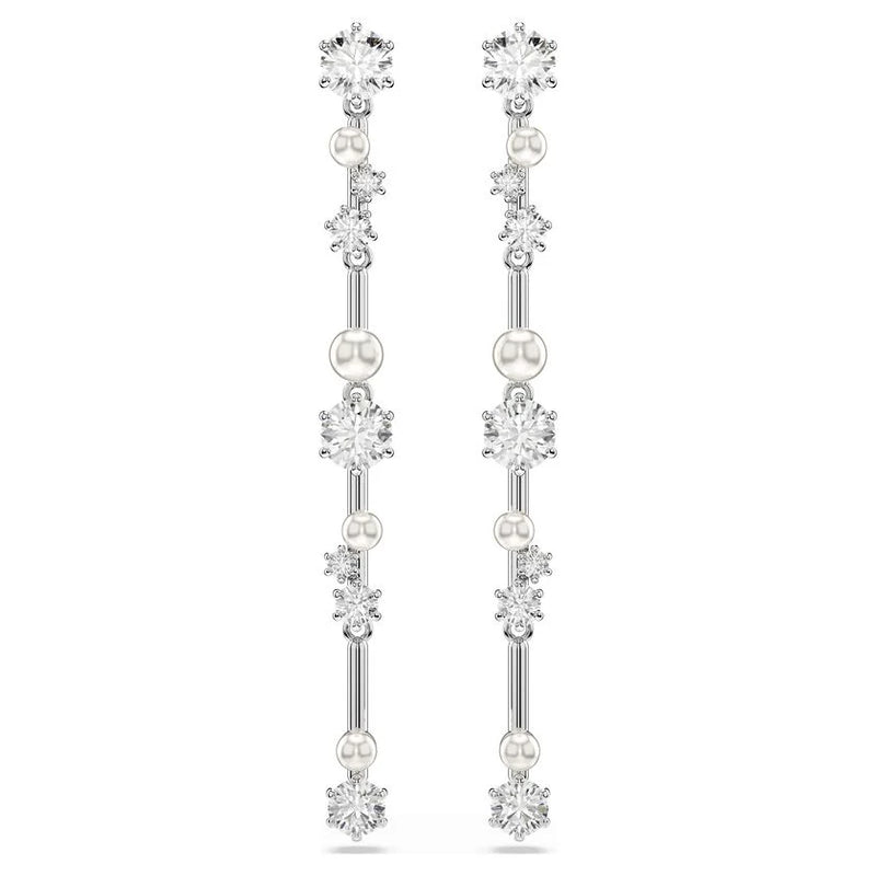 Swarovski Constella Pearl and Round Cut Crystal Drop Earrings Rhodium Plated