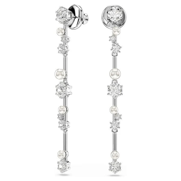 Swarovski Constella Pearl and Round Cut Crystal Drop Earrings Rhodium Plated